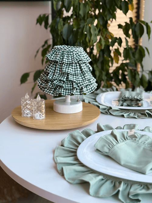 Mossy Keten Fırfırlı Kablosuz Masa Lambası / Mat Beyaz Ayak