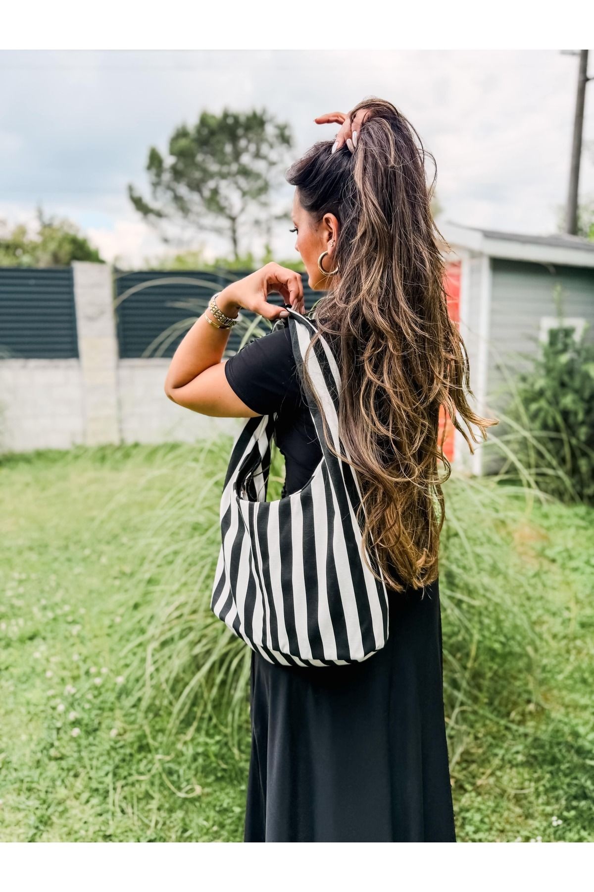 Stripe Bağlama Kulp Çanta / Tote
