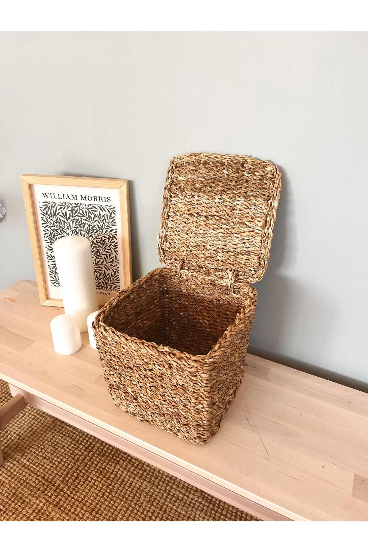 Haki Hasır Kapaklı Derin 20X20X20CM Kare Düzenleyici/Sepet/Organizer 30 x 30 Hasır Orta (26-50 çap)