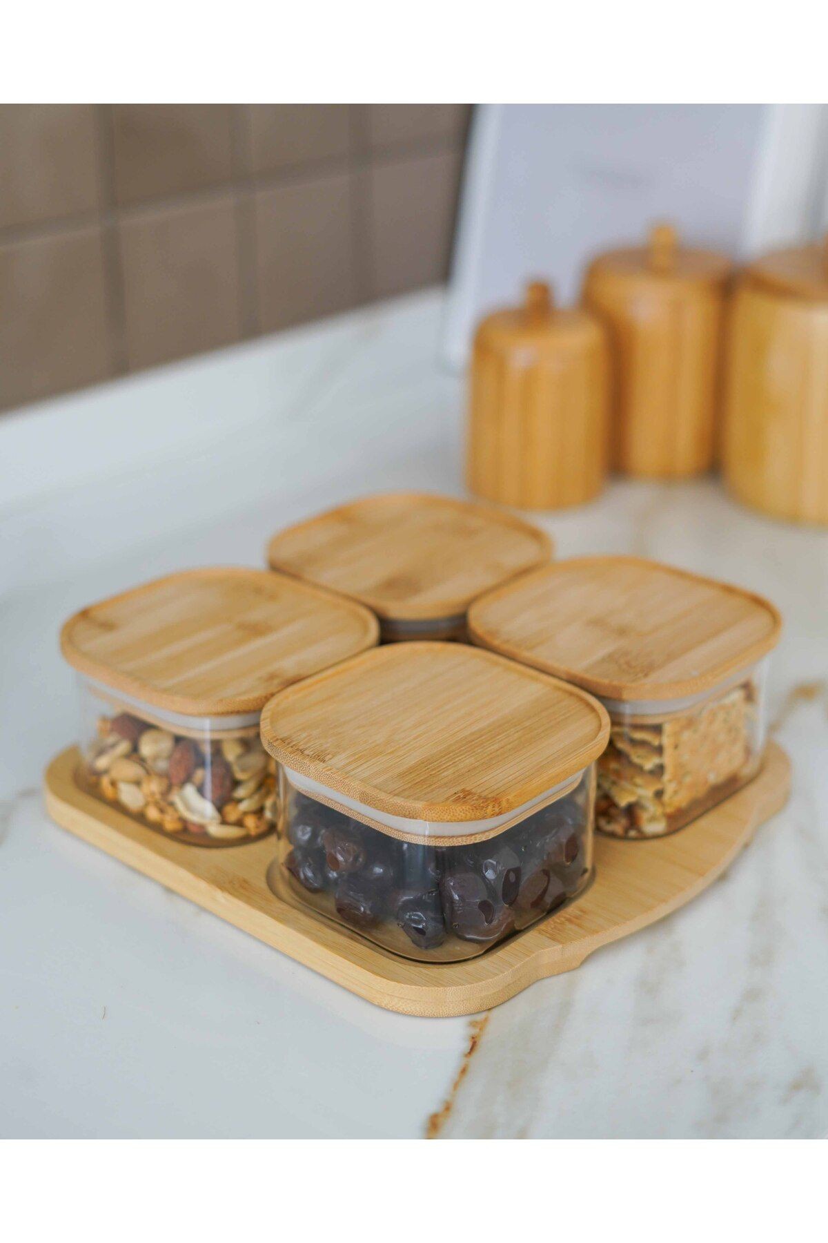 Bambu Tepsili ve Bambu Vakum Kapaklı 4Lü Cam Kahvaltılık