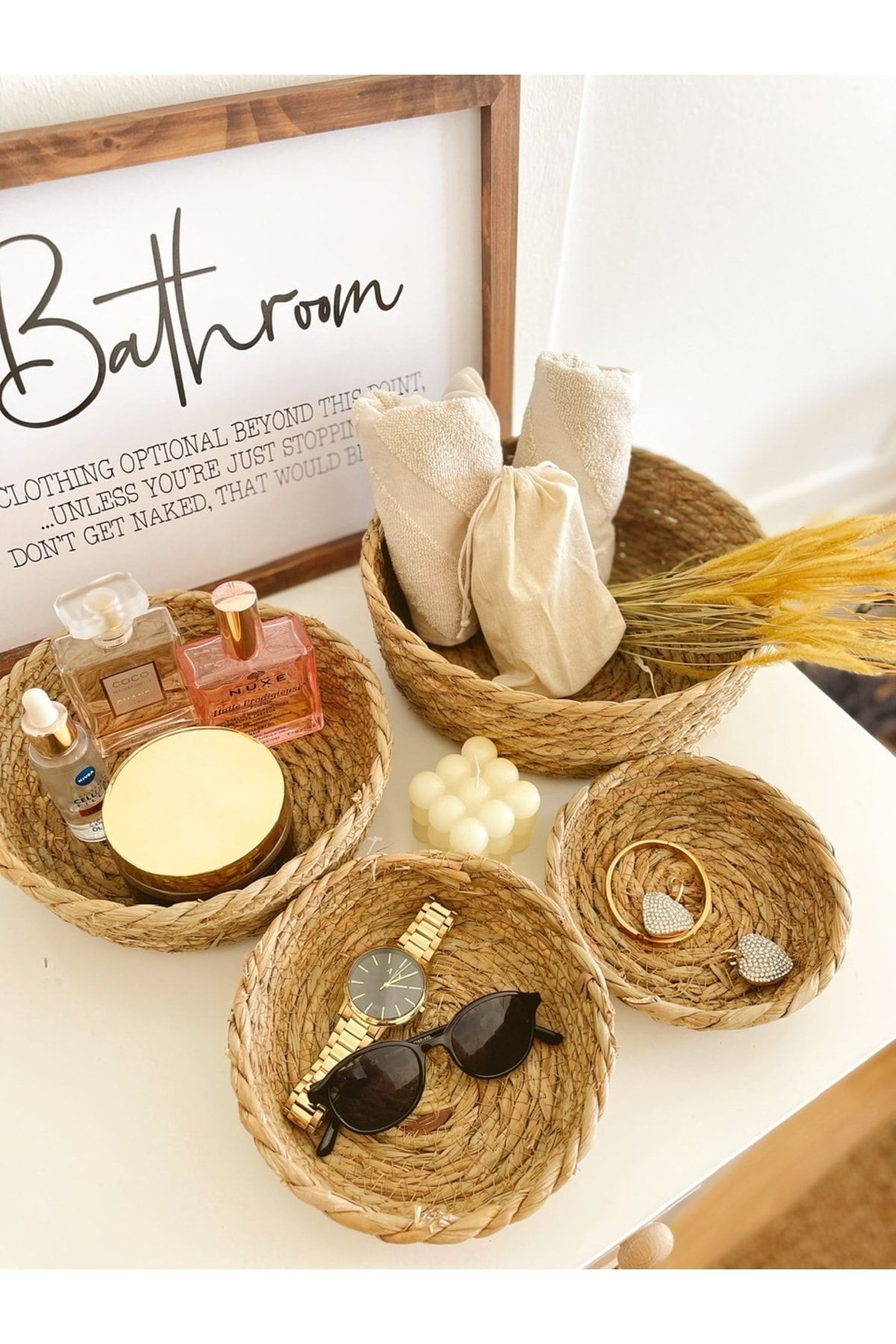 Doğal Hasır Örme 4lü Naturel Şeritli Çok Amaçlı Hasır Sepet/banyo Düzenleyici