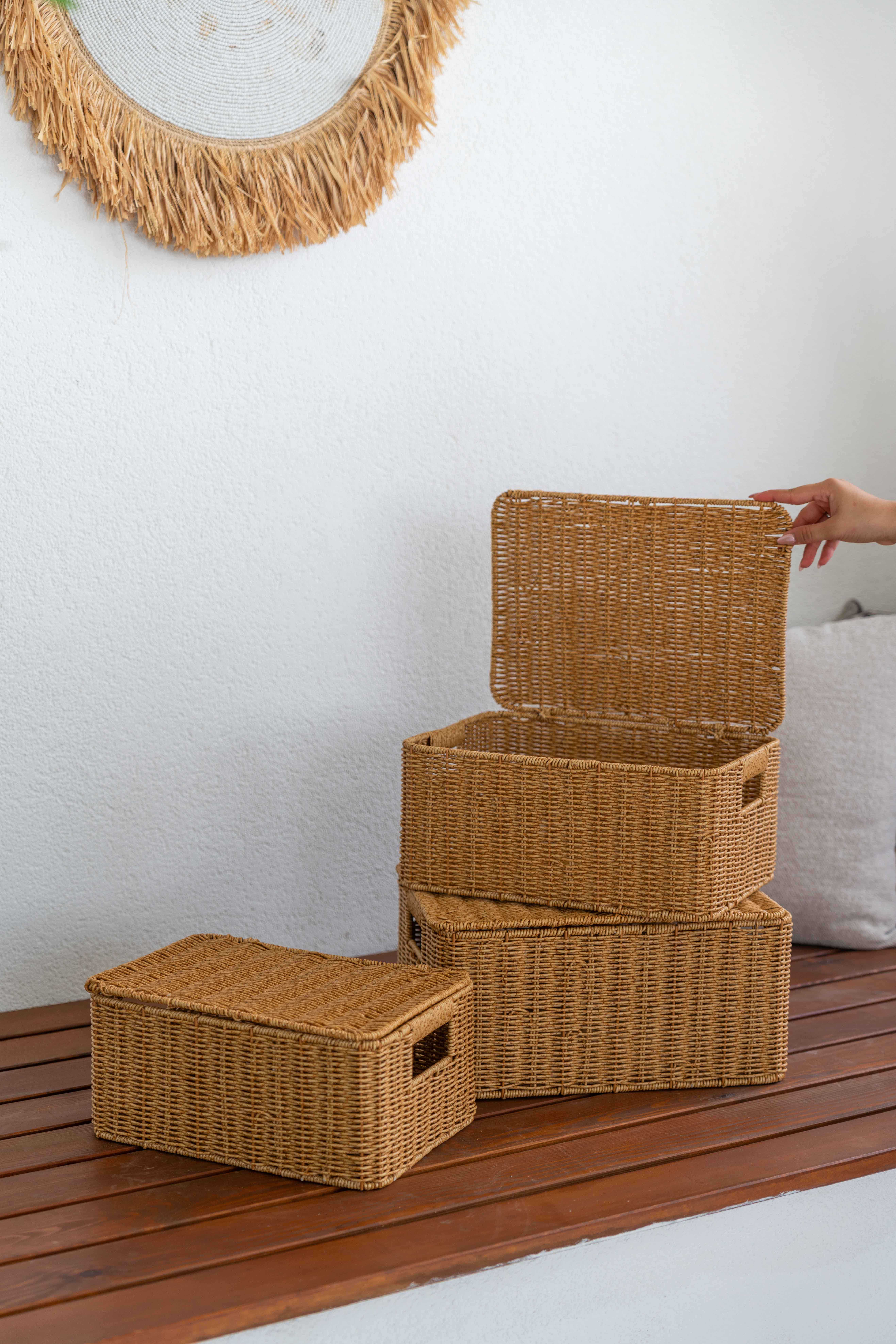 Bambu/Rattan 3lü Çok Amaçlı Hasır Düzenleyici/Organizer/Sepet/Banyo Düzenleyici