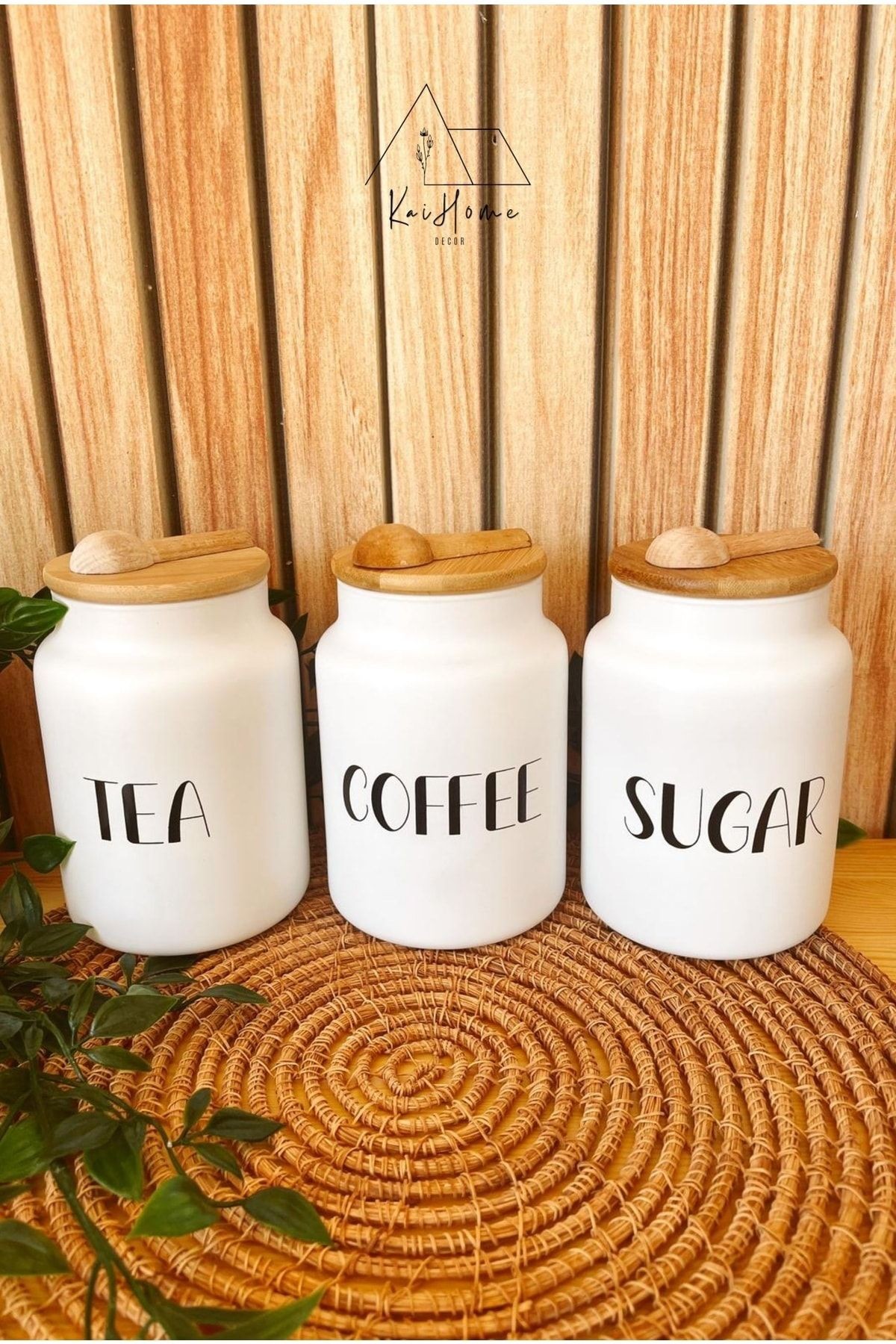3lü Bambu Kapaklı 800ML Cam Çay/Kahve/Şeker Kavanoz Seti+AHŞAP KAŞIK