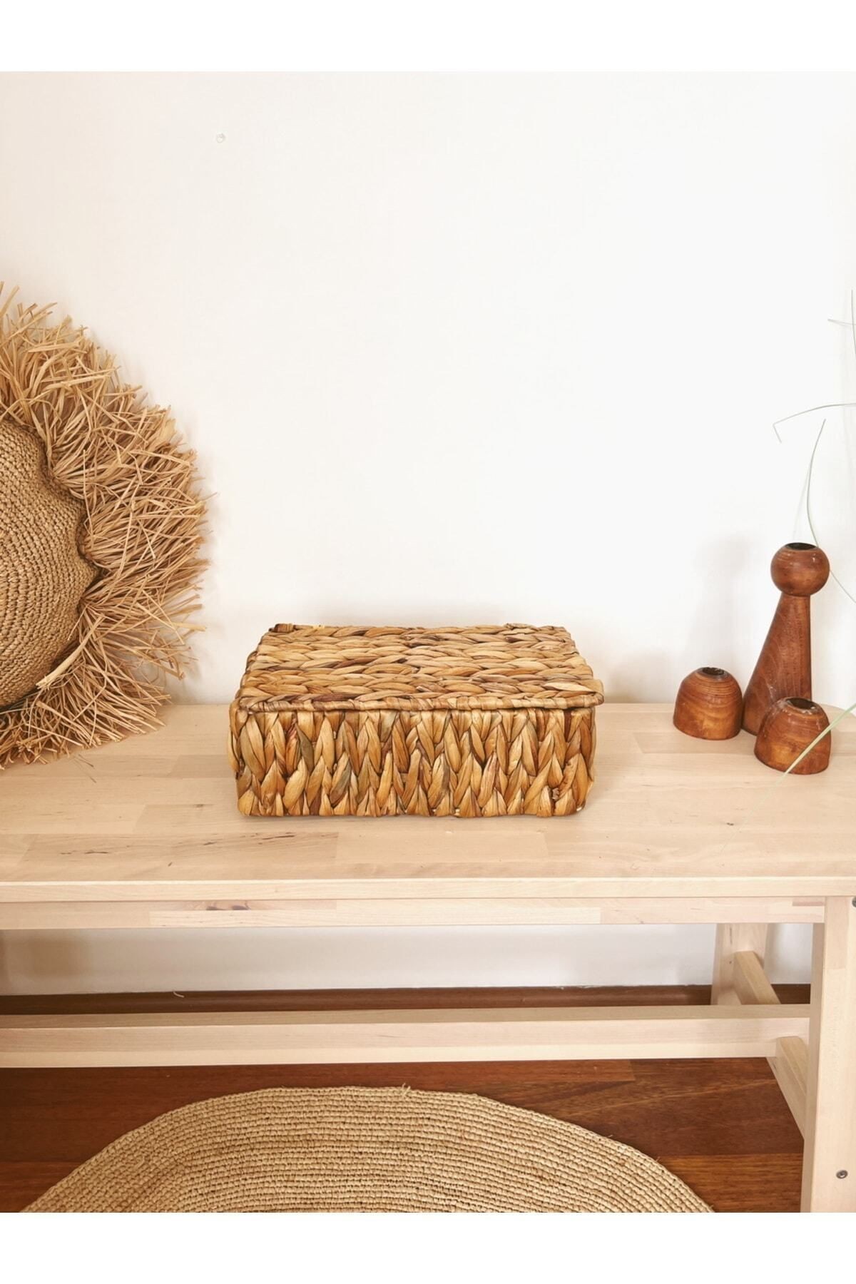 Hasır Su Sümbülü Kapaklı 27x17x10cm Dikdörtgen Düzenleyici/Sepet/Organizer