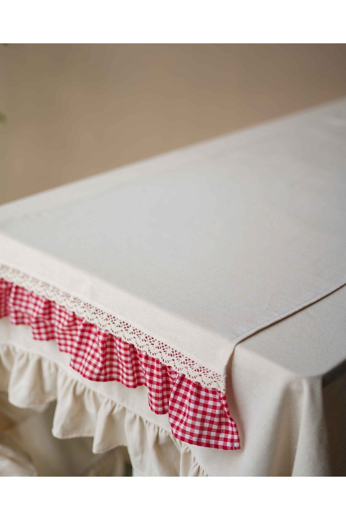 Kareli Fırfırlı Ham Keten Runner 150cm