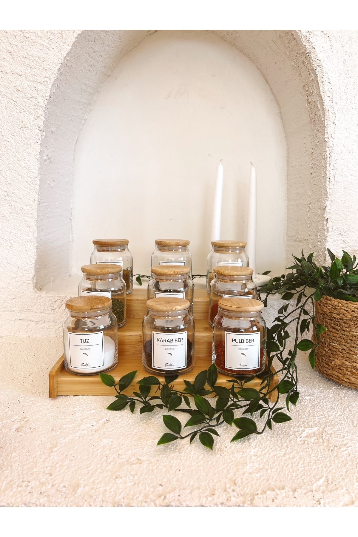 Bambu Vakum Kapaklı, 300 - 399 ml Etiketli 12Li Cam Baharat Seti Cam