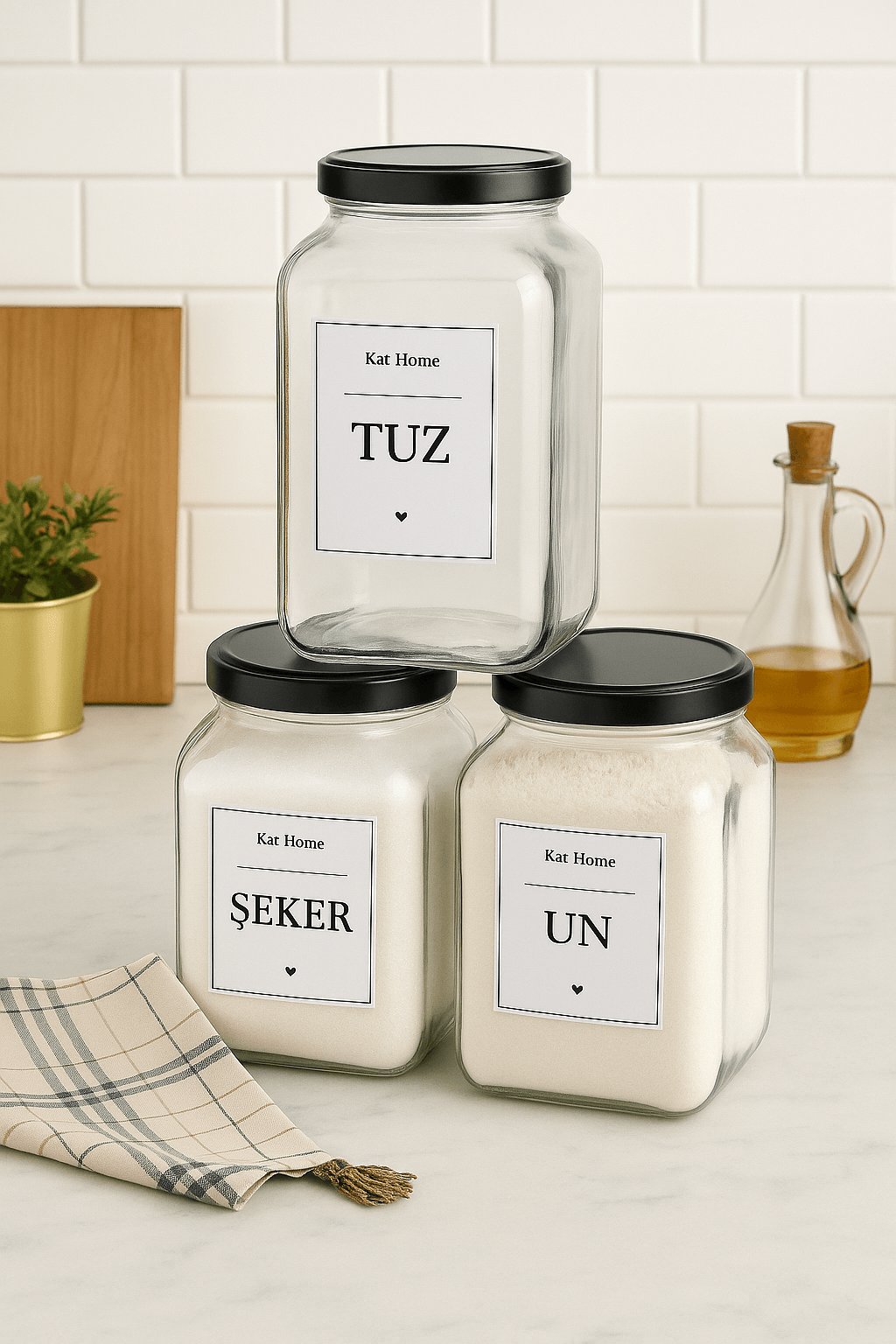3'lü Dekoratif Mutfak Düzenleyici Tuz - Şeker - Un Kavanozu Cam Erzak Saklama ( 3000cc )