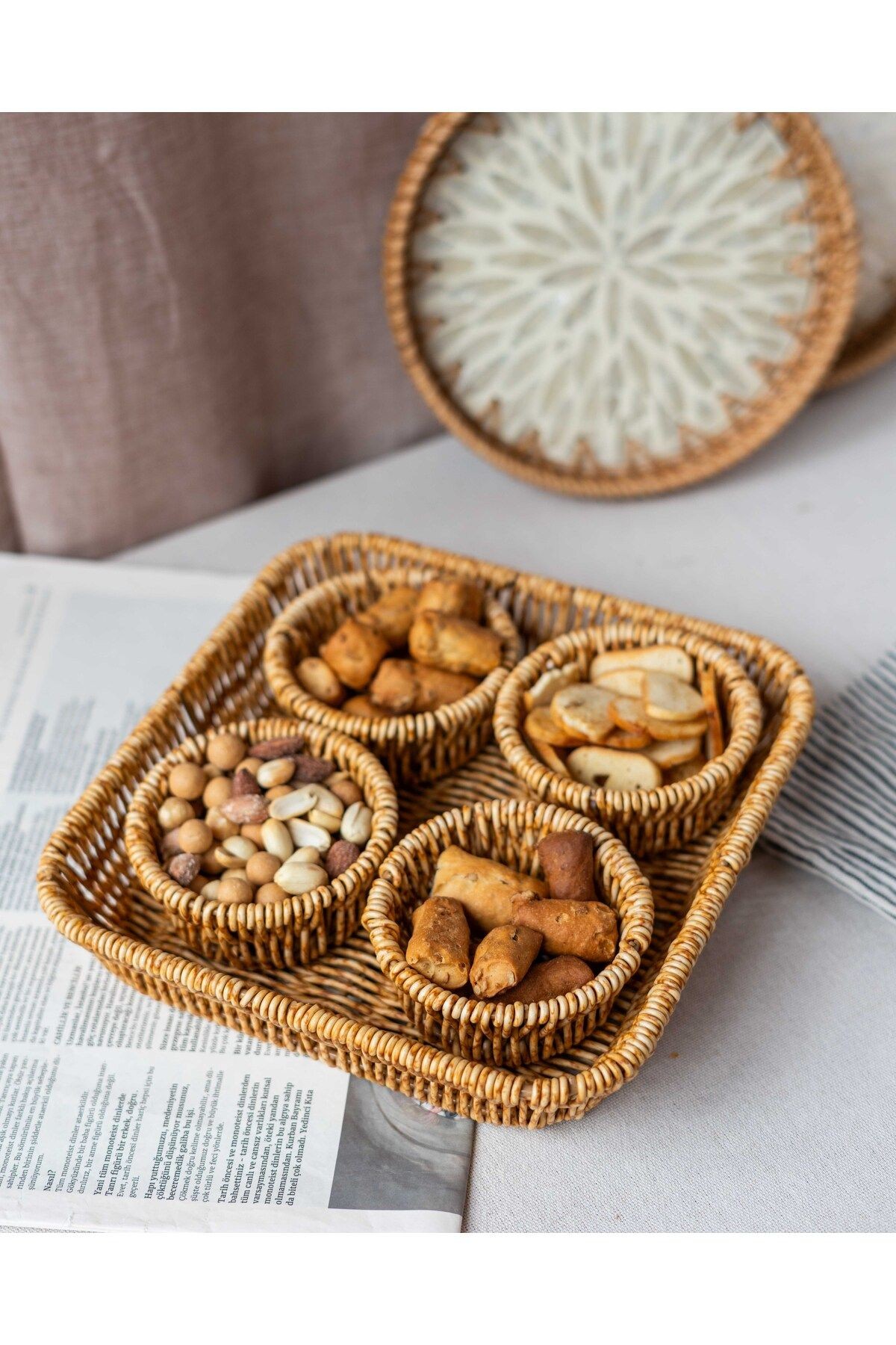 5 Parça Rattan Görünümlü Çerezlik / Sunumluk / Piknik Seti