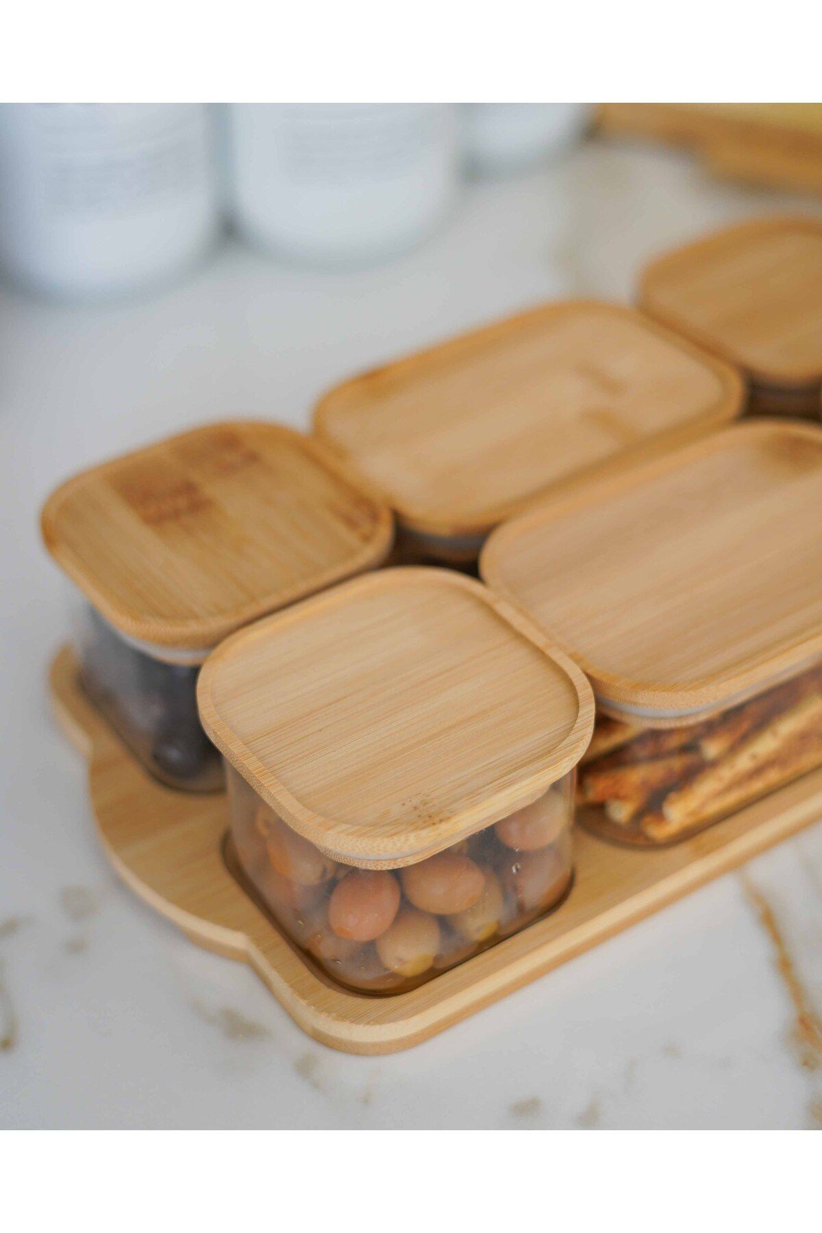 Bambu Tepsili ve Bambu Vakum Kapaklı 6Lı Cam Kahvaltılık