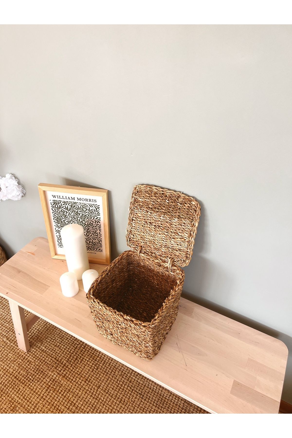 Haki Hasır Kapaklı Derin 20X20X20CM Kare Düzenleyici/Sepet/Organizer 30 x 30 Hasır Orta (26-50 çap)