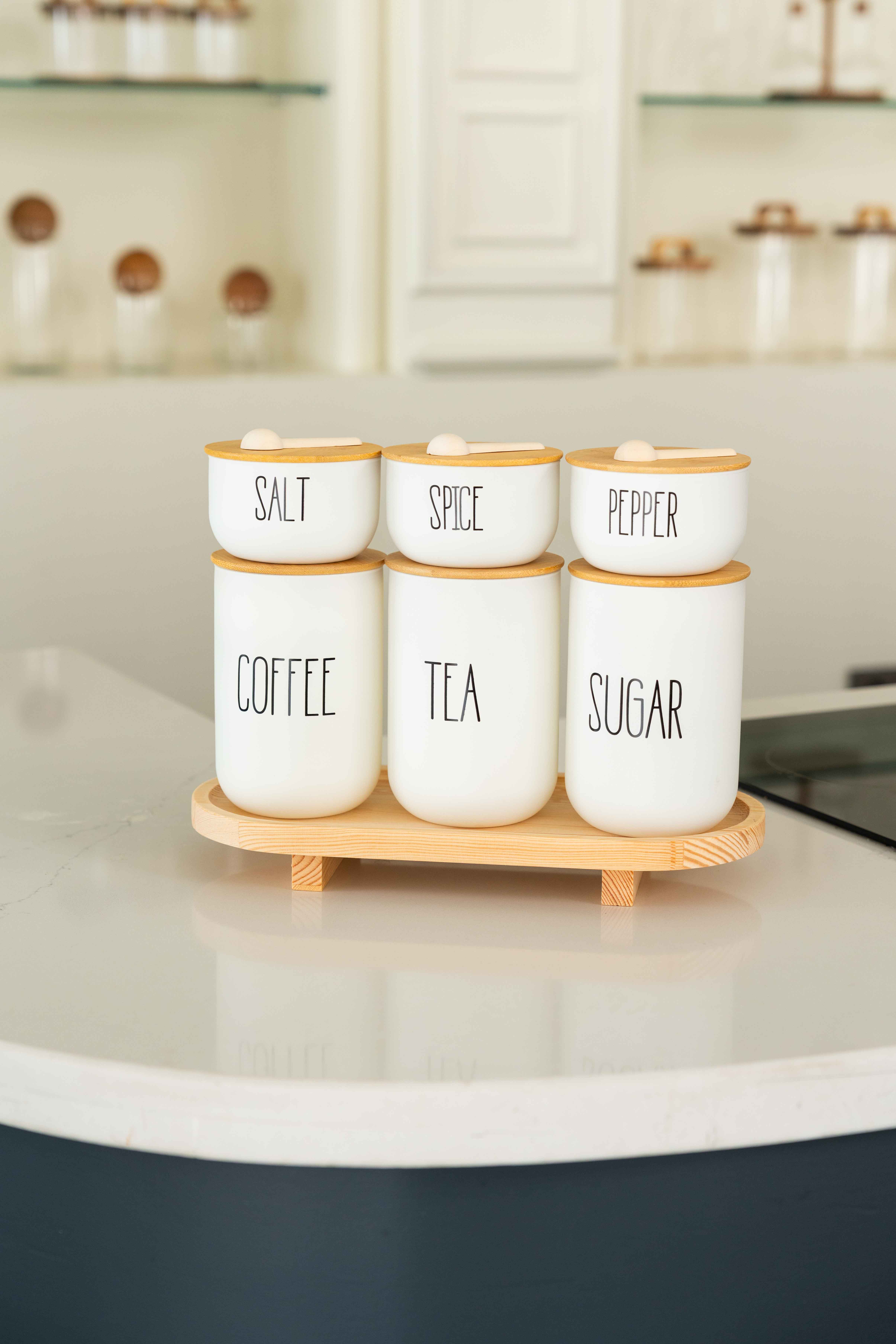 3lü Bambu Kapaklı Ahşap Ayaklı Altlıklı Çay/Kahve/Şeker ve 3Lü Bambu Kapaklı Salt/Pepper/Spice Standlı