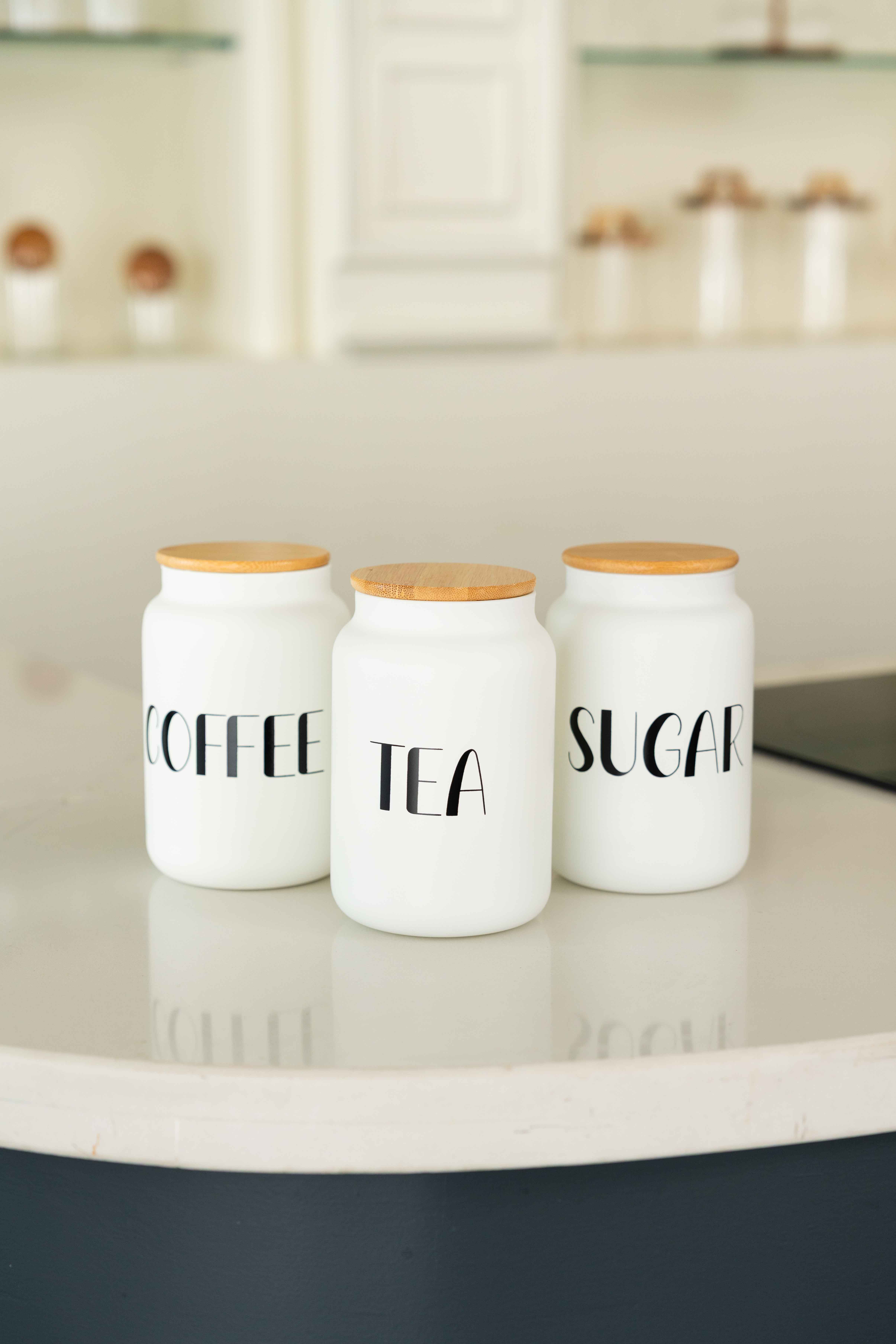 3lü Bambu Kapaklı 800ML Cam Çay/Kahve/Şeker Kavanoz Seti+AHŞAP KAŞIK