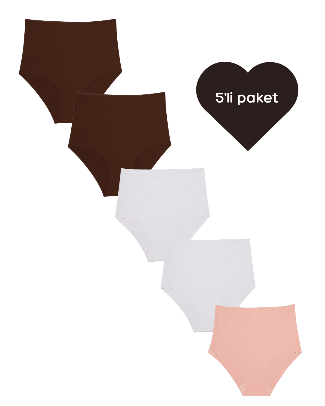 Lazer Kesim Yüksek Bel Cheeky Külot - 5'li paket - Kahverengi,Beyaz,Pembe