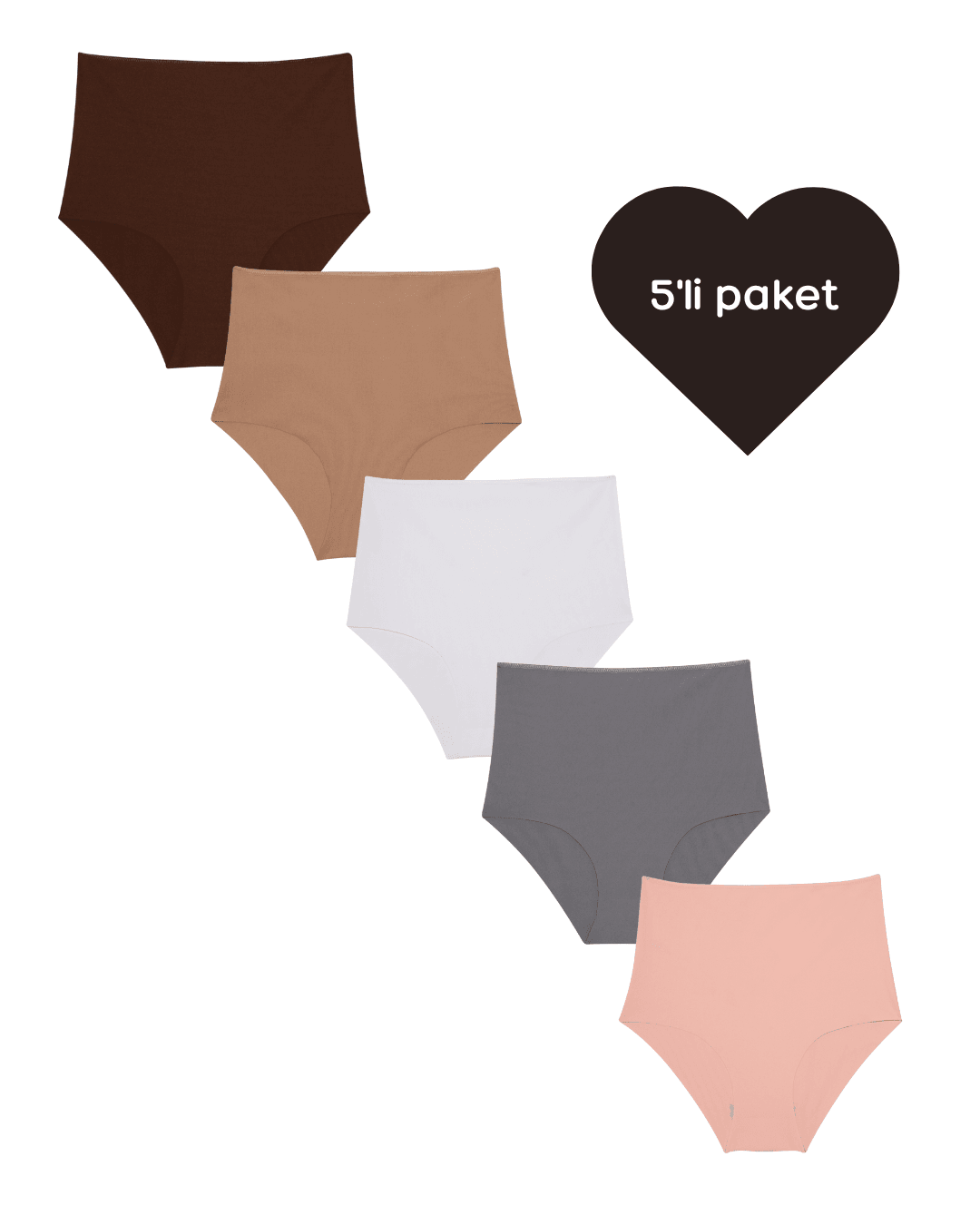 Lazer Kesim Yüksek Bel Cheeky Külot - 5'li paket - Kahverengi,Ten rengi,Beyaz,Gri,Pembe