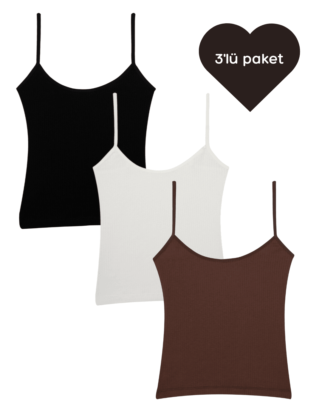 İnce Askılı Atlet - 3'lü paket - Siyah,Kahverengi,Beyaz