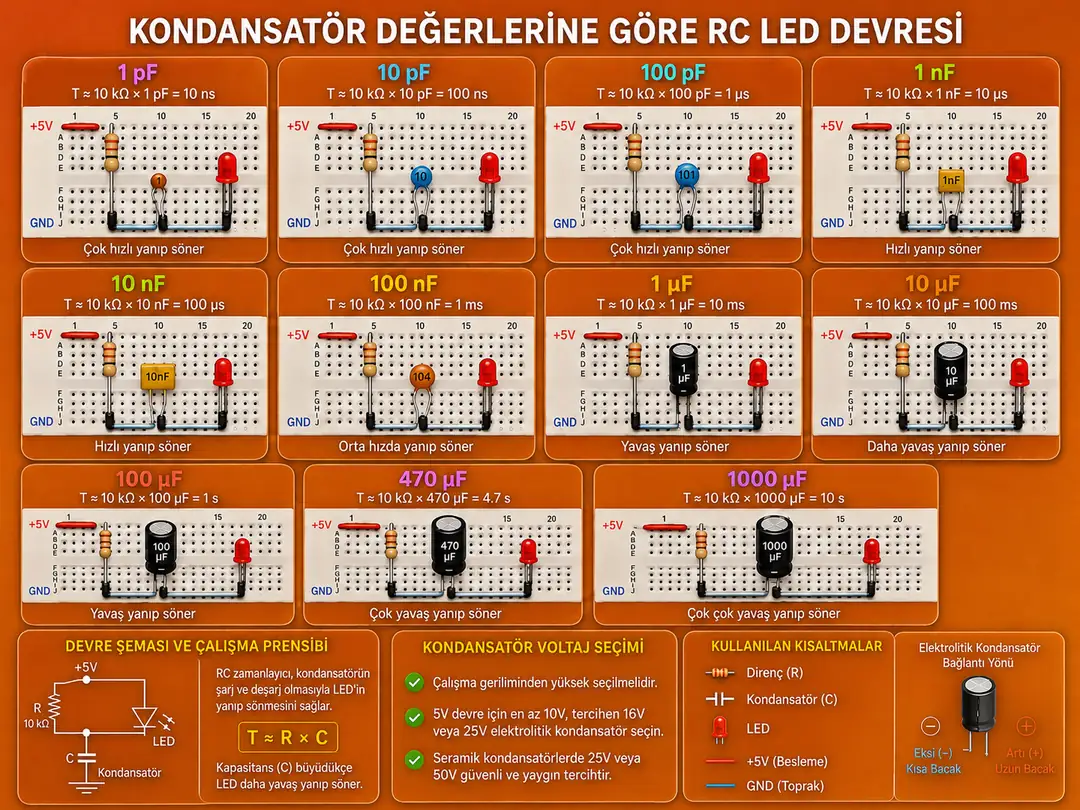 Breadboard üzerinde kondansatör ile hazırlanan LED yakıp söndürme devresi