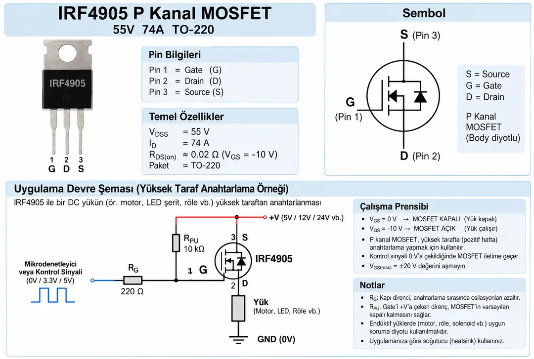 IRF4905 P kanal MOSFET TO-220 pin dizilimi ve high-side anahtarlama devresi