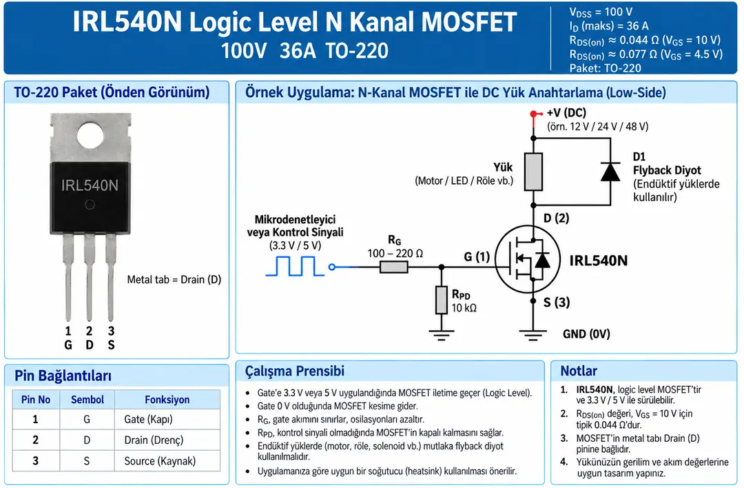 IRL540N Logic Level N kanal MOSFET TO-220 pin dizilimi ve örnek anahtarlama devresi