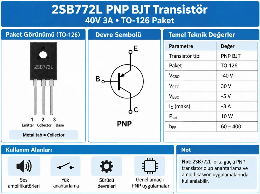 2SB772L PNP BJT Transistör 40V 3A TO-126 pin yapısı ve teknik özellikleri