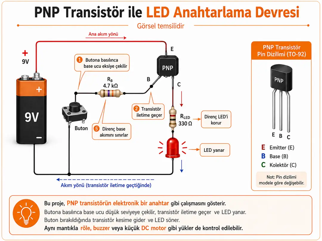 PNP transistör ile hazırlanan buton kontrollü LED anahtarlama devresi