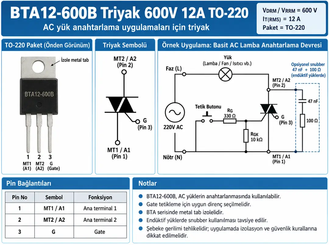 BTA12-600B 600V 12A Triyak TO-220AB pin dizilimi ve örnek AC kontrol devresi