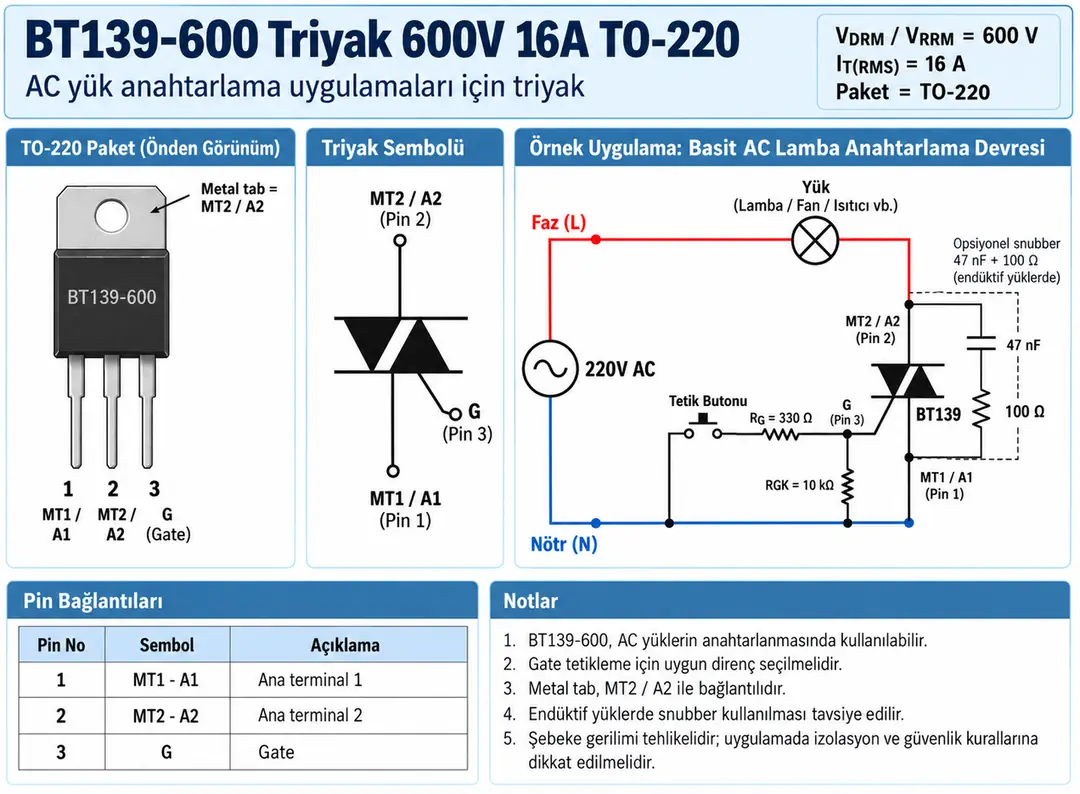 BT139-600 600V 16A Triyak TO-220 pin dizilimi ve AC yük bağlantısı