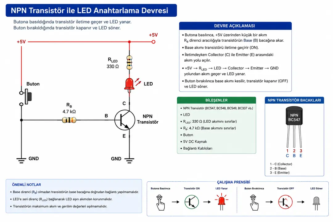 NPN transistör ile hazırlanan buton kontrollü LED anahtarlama devresi