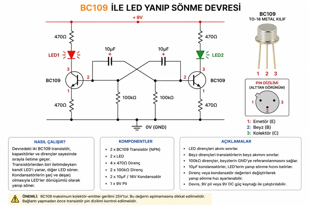 BC109 transistör ile LED anahtarlama devresi örneği