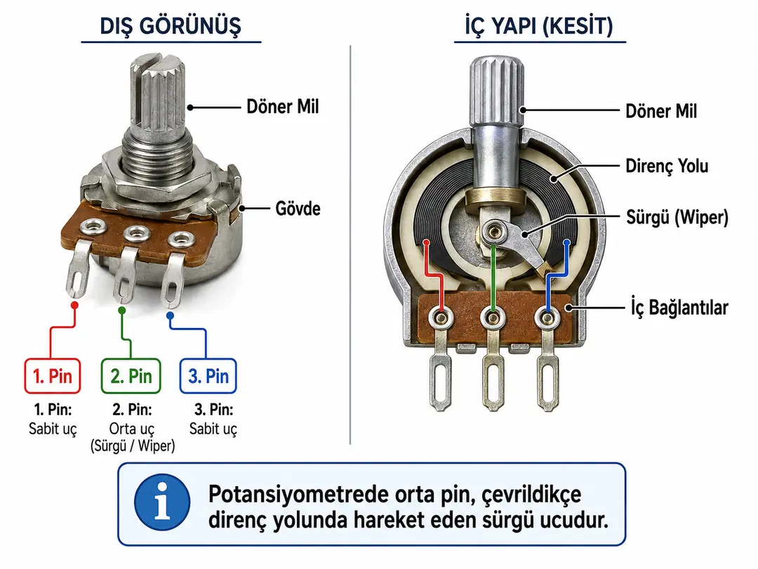 Potansiyometrenin pinleri ve iç yapısı