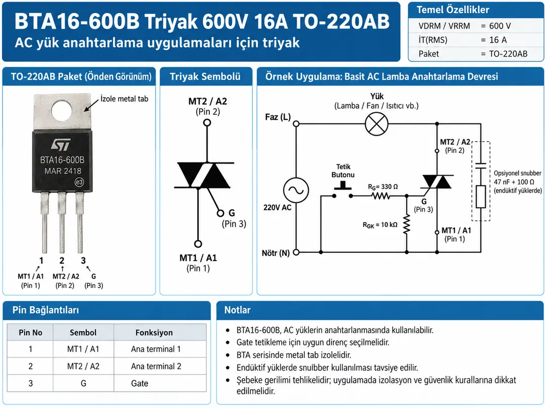BTA16-600B 600V 16A Triyak TO-220AB pin dizilimi ve örnek AC kontrol devresi