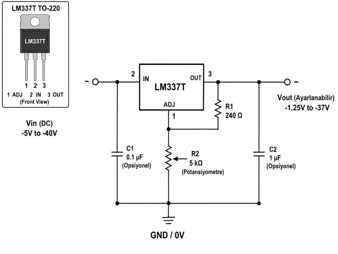 LM337T TO-220 pin bağlantıları ve ayarlanabilir negatif voltaj regülatörü devresi