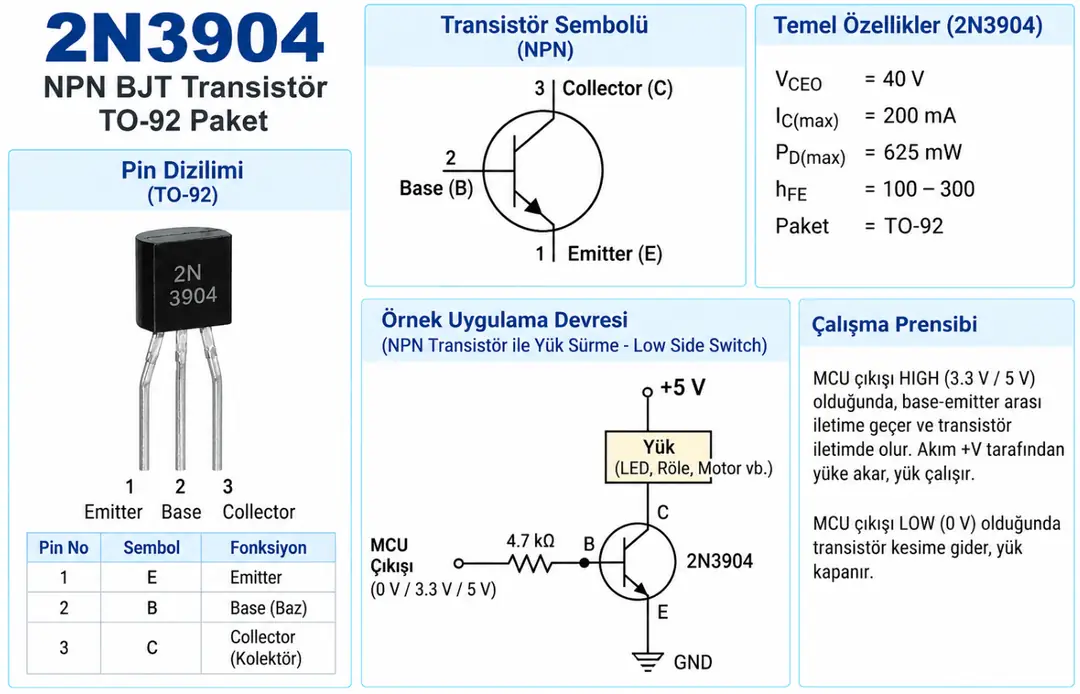 2N3904 NPN BJT transistör TO-92 pin dizilimi ve düşük taraf anahtarlama devresi