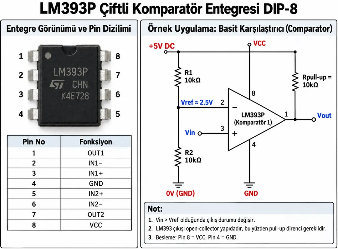 LM393P DIP-8 çift komparatör pin dizilimi ve basit karşılaştırıcı devresi
