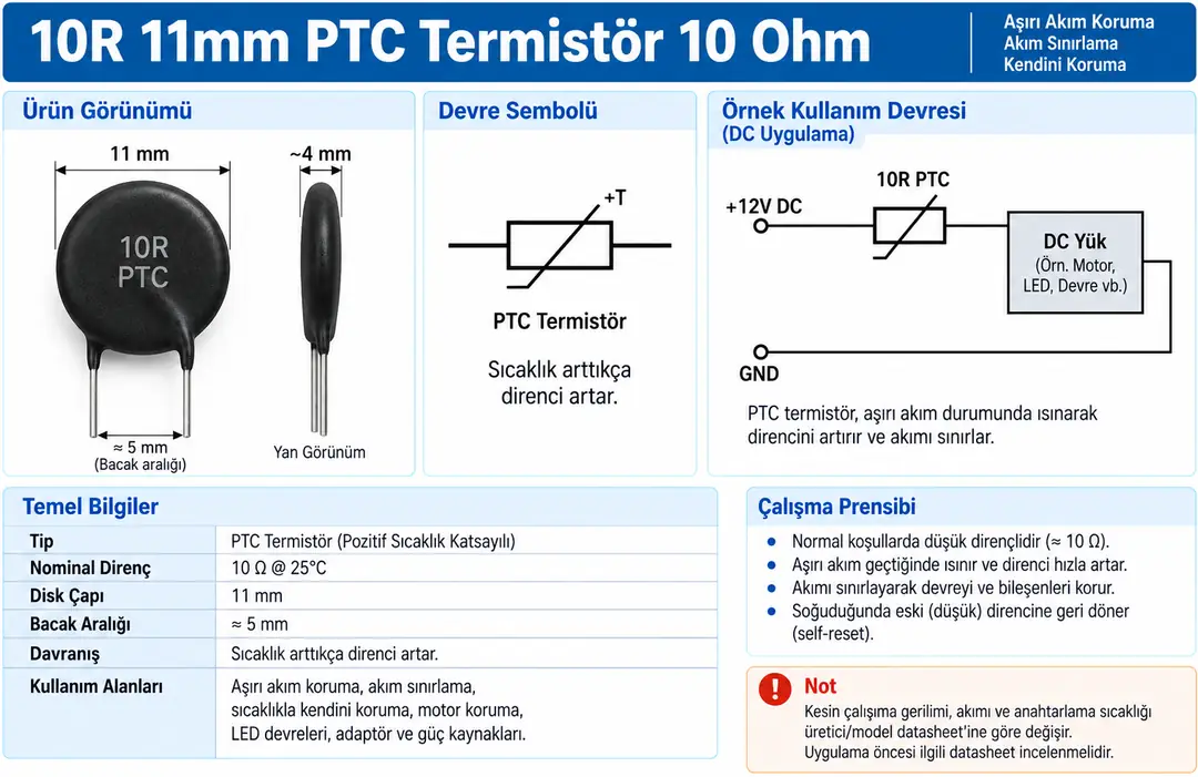 10R 11mm PTC Termistör 10 Ohm çalışma prensibi ve örnek devre