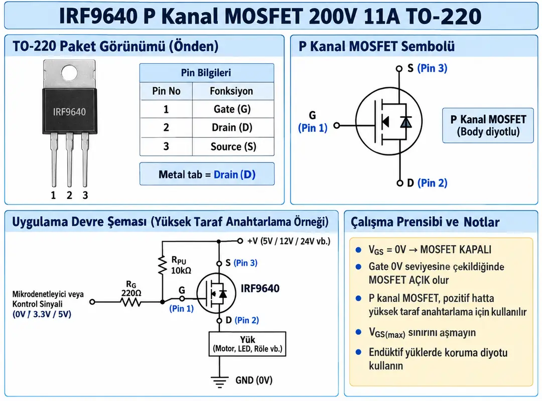 IRF9640 P kanal MOSFET TO-220 pin dizilimi ve yüksek taraf anahtarlama devresi