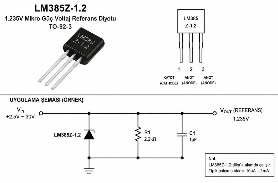LM385Z-1.2 1.235V voltaj referans diyotu teknik bağlantı görseli