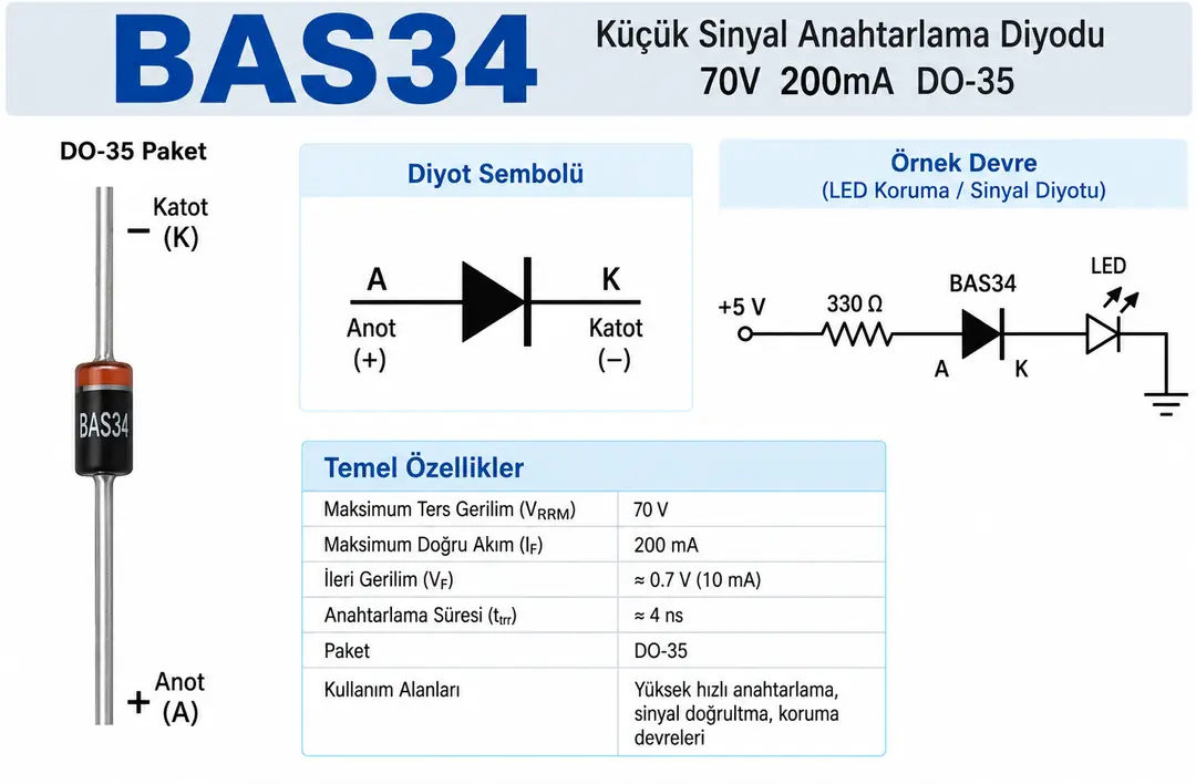 BAS34 küçük sinyal anahtarlama diyodu 70V 200mA DO-35 teknik özellikleri ve bağlantı yönü