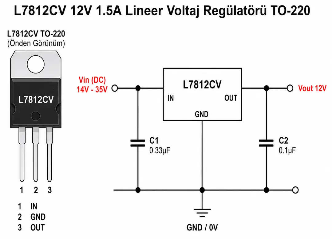 L7812CV 12V lineer voltaj regülatörü pin bağlantıları ve örnek devre şeması