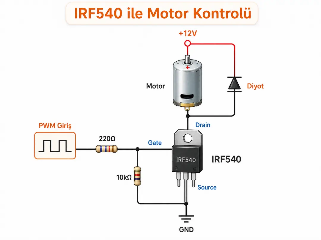 IRF540N MOSFET ile DC motor kontrolü uygulama örneği