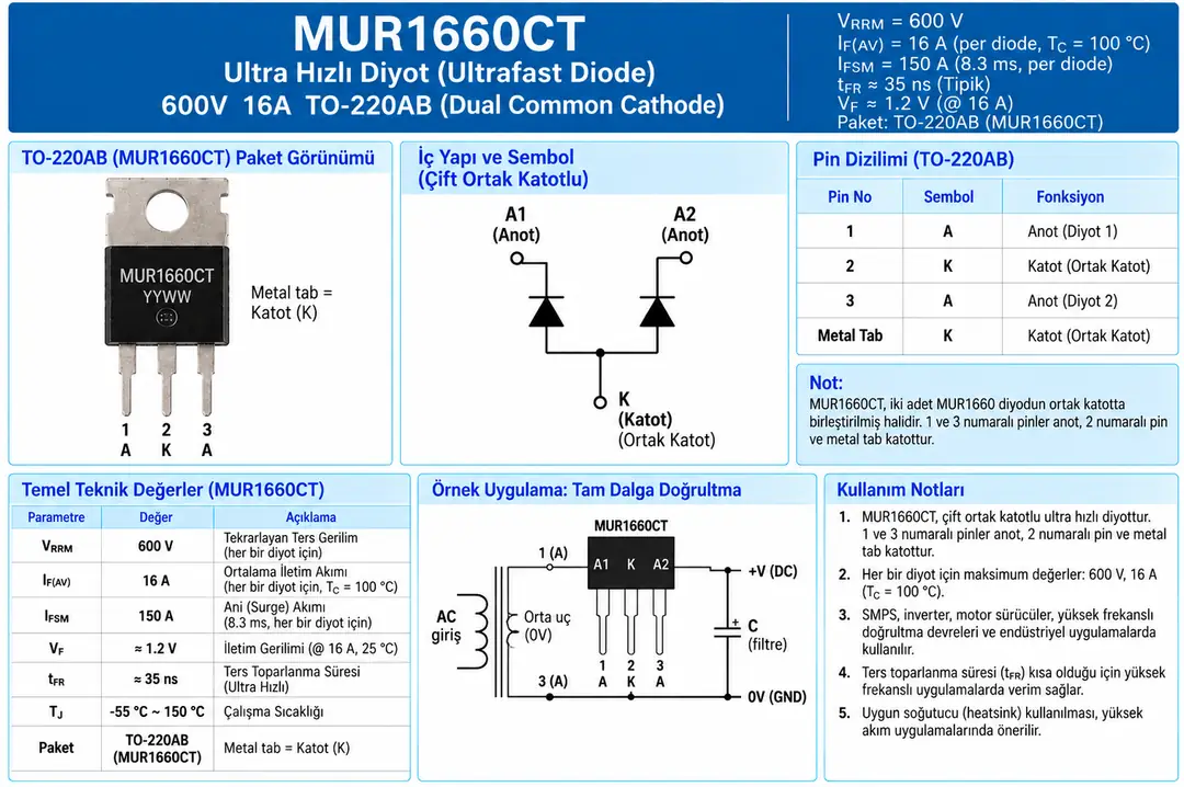 MUR1660CT ultra hızlı çift ortak katot diyot 600V 16A TO-220AB pin dizilimi ve tam dalga doğrultma devresi