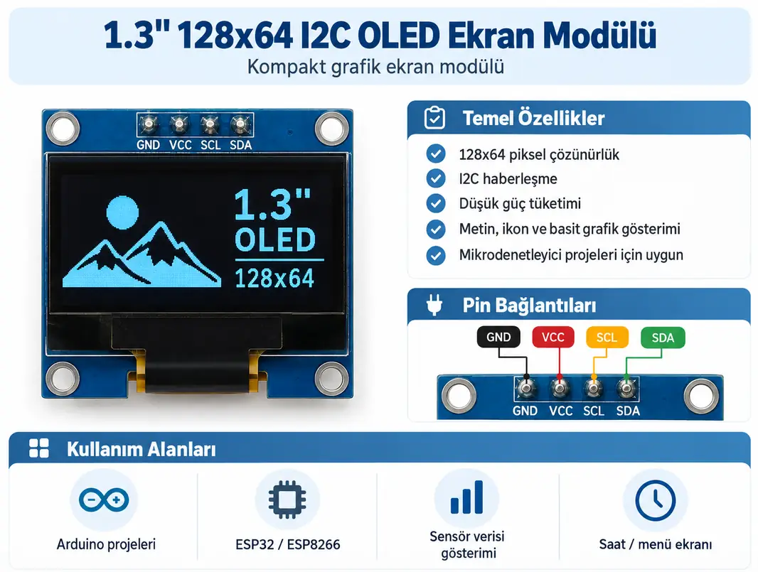 1.3 inç 128x64 I2C OLED ekran modülü