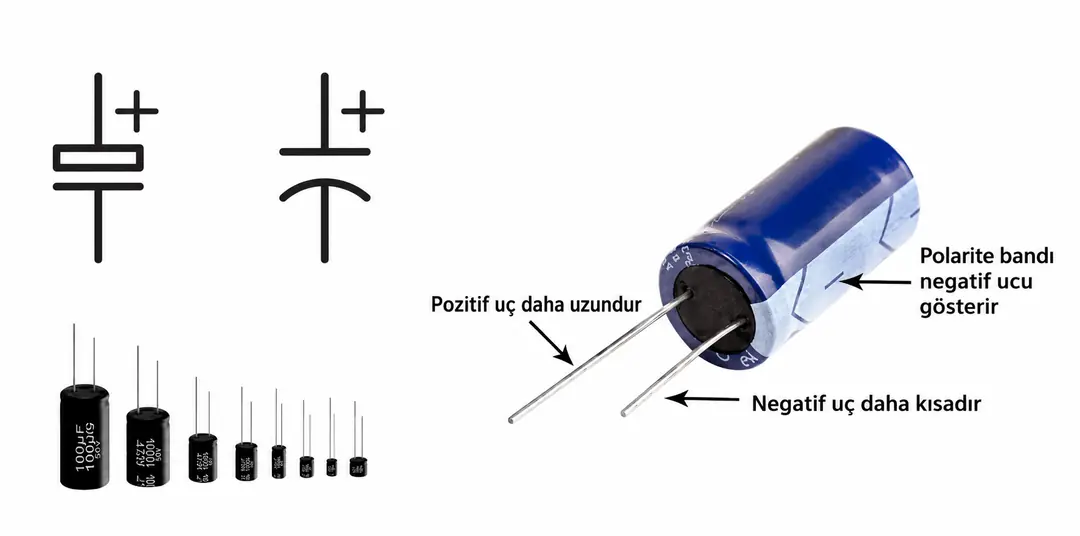 Kutuplu elektrolitik kondansatörün pozitif ve negatif bacaklarının gösterimi