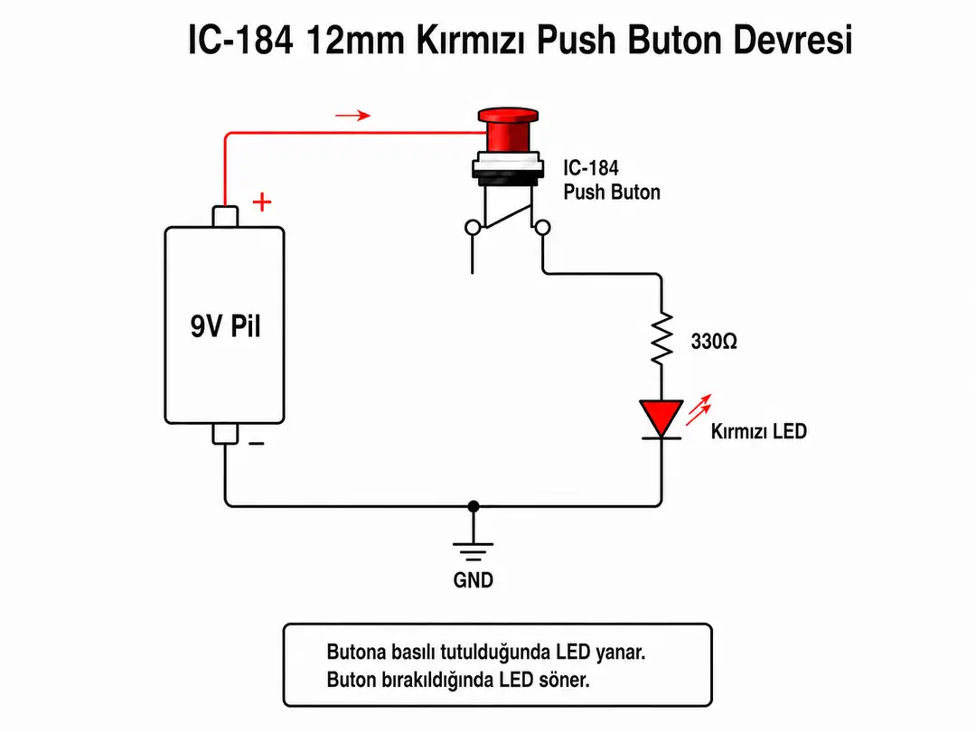 IC-184 kırmızı push buton ile LED kontrol devresi