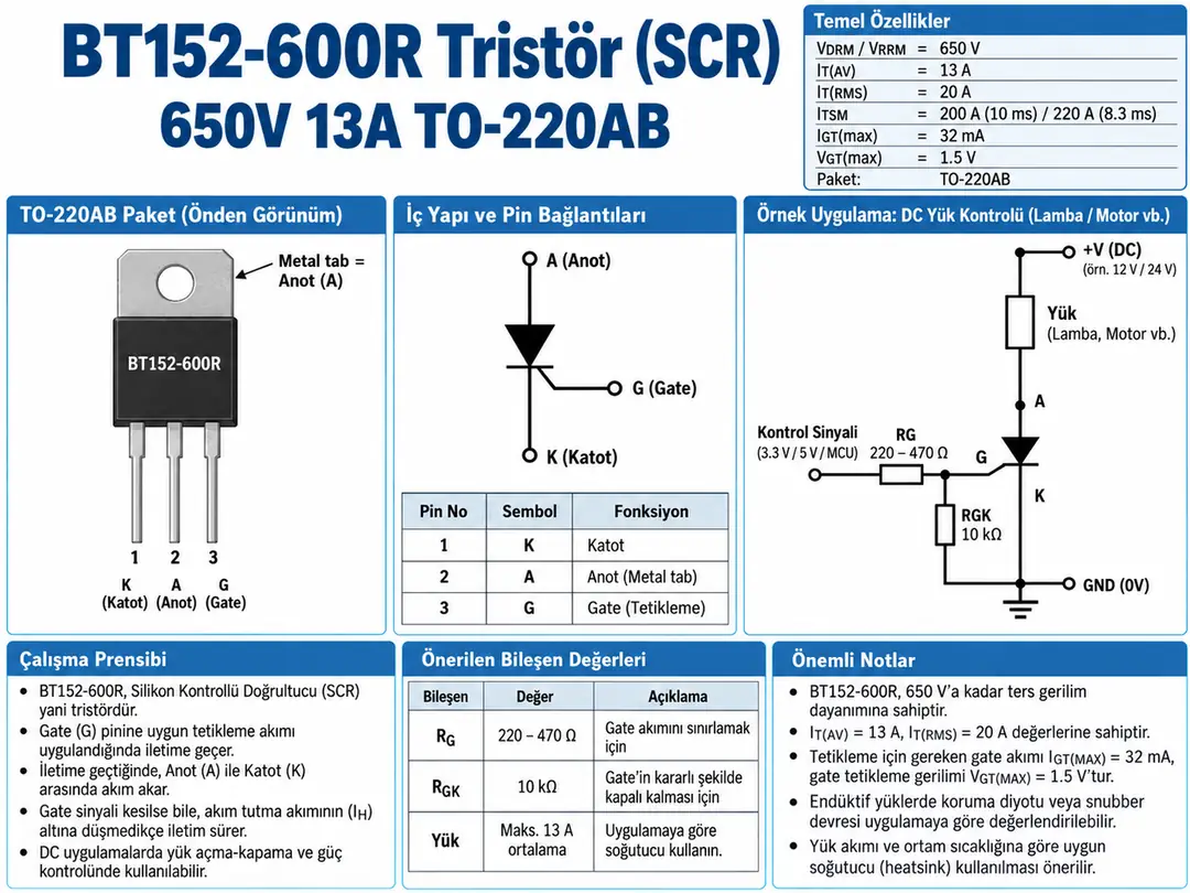 BT152-600R SCR Tristör 650V 13A TO-220AB pin dizilimi ve örnek yük kontrol devresi