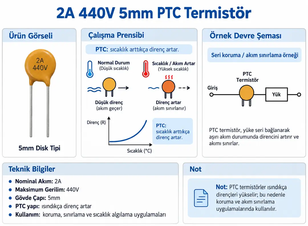 2A 440V 5mm PTC Termistör çalışma prensibi ve seri akım sınırlama devresi