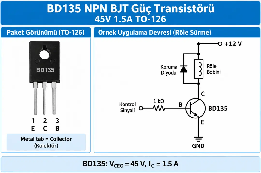 BD135 NPN BJT Güç Transistörü 45V 1.5A TO-126 pin yapısı ve röle sürme devresi