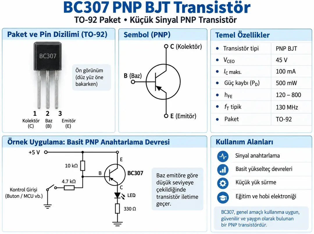 BC307 PNP BJT Transistör TO-92 pin yapısı ve PNP anahtarlama devresi
