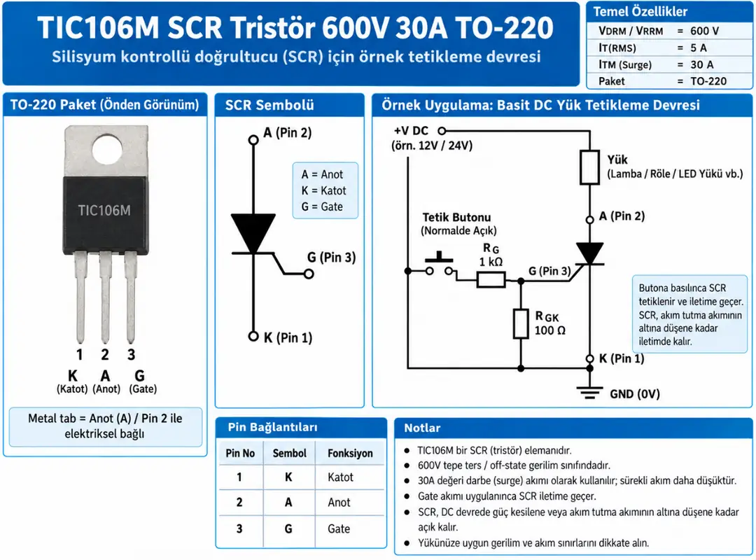TIC106M SCR tristör 600V 5A TO-220 pin dizilimi ve örnek tetikleme devresi