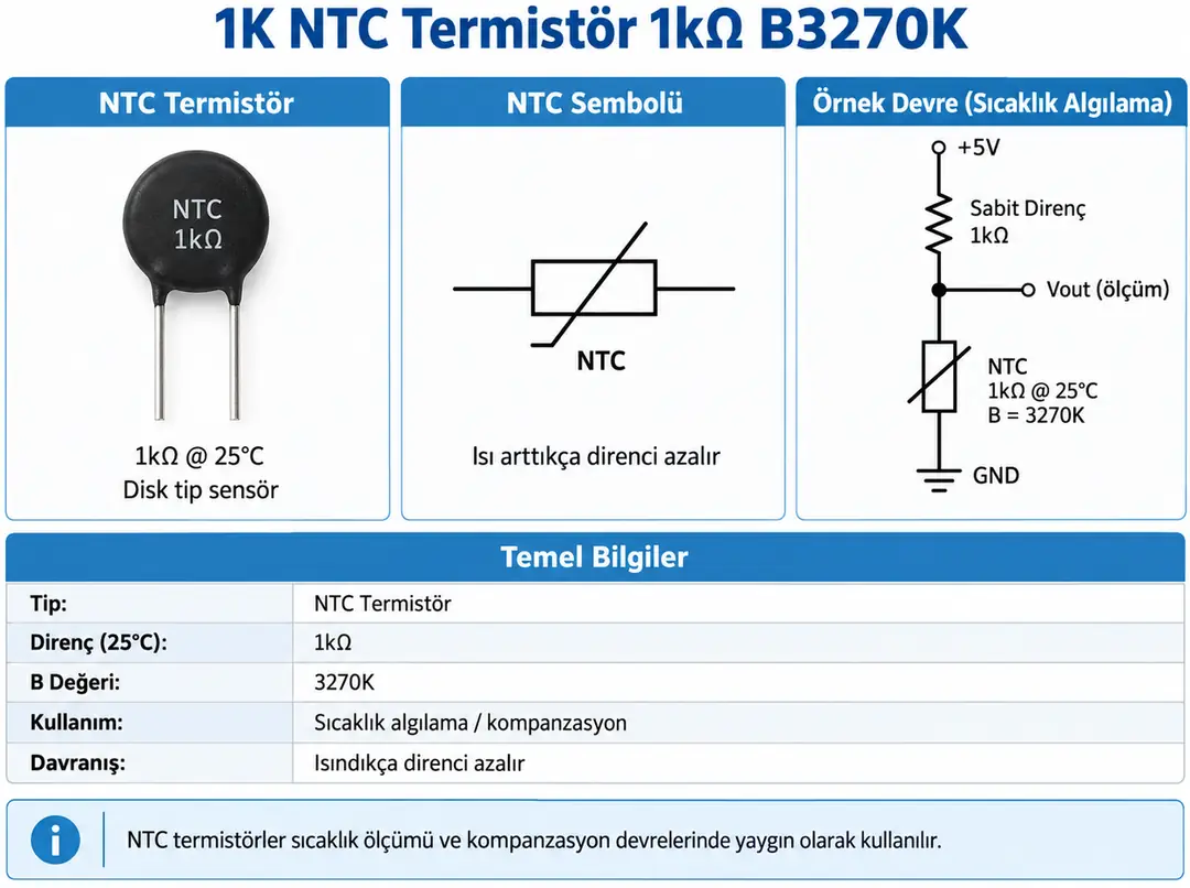 1K NTC Termistör 1kΩ B3270K sıcaklık sensörü çalışma prensibi ve bağlantısı