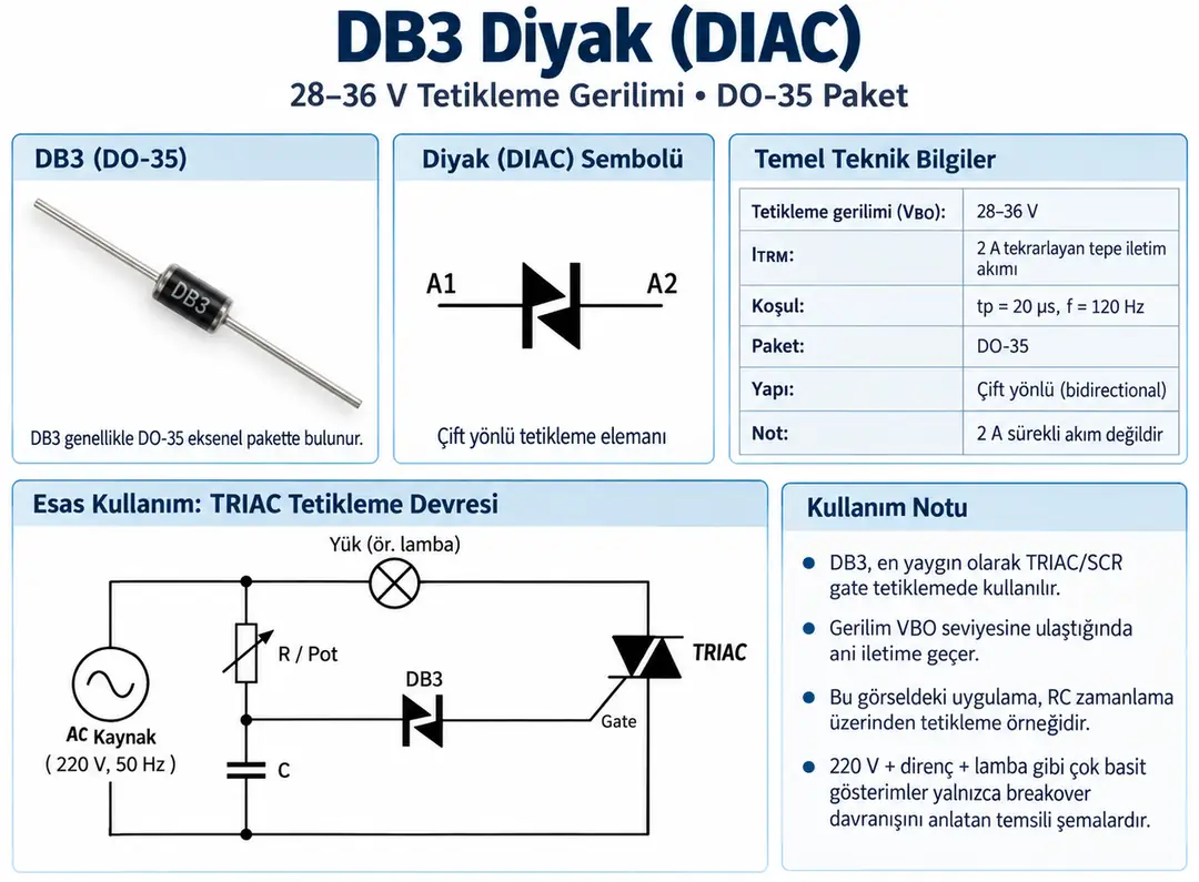 DB3 Diyak 28-36V DO-35 teknik özellikleri ve TRIAC tetikleme devresi